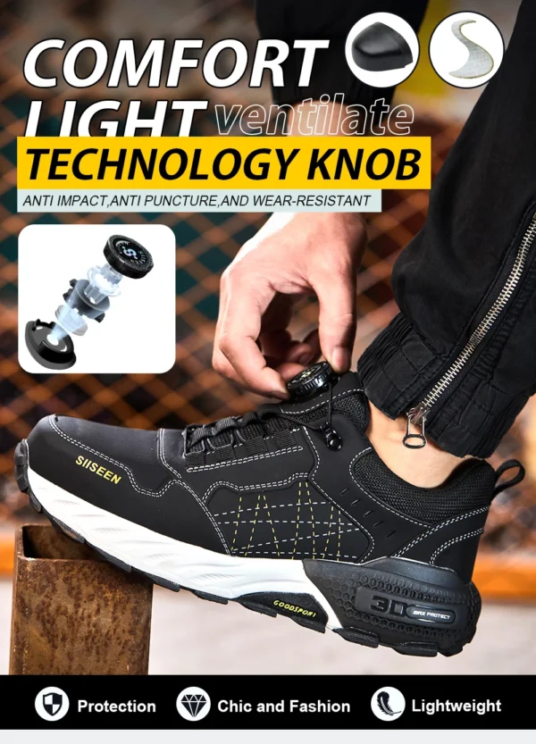Chaussures de sécurité pour hommes – Style tendance, embout en acier anti-écrasement, semelle en Kevlar – Bottes de travail pour extérieur et atelier industriel – Fermeture à bouton