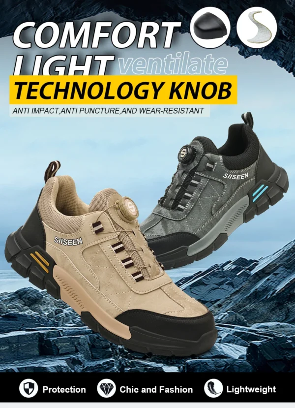 Chaussures de sécurité pour hommes avec embout en acier, semelles anti-écrasement, anti-perforation et antidérapantes ; chaussures de travail industrielles tendance à fermeture par bouton.
