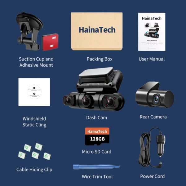 Hainatech 360 Degree View 4 Channel Dash Cam Front And Rear Inside Left Right, Dash Camera For Cars, Built-in GPS WiFi Night Vision, 24  7 Recording Parking Mode Monitor, Free 128G Card